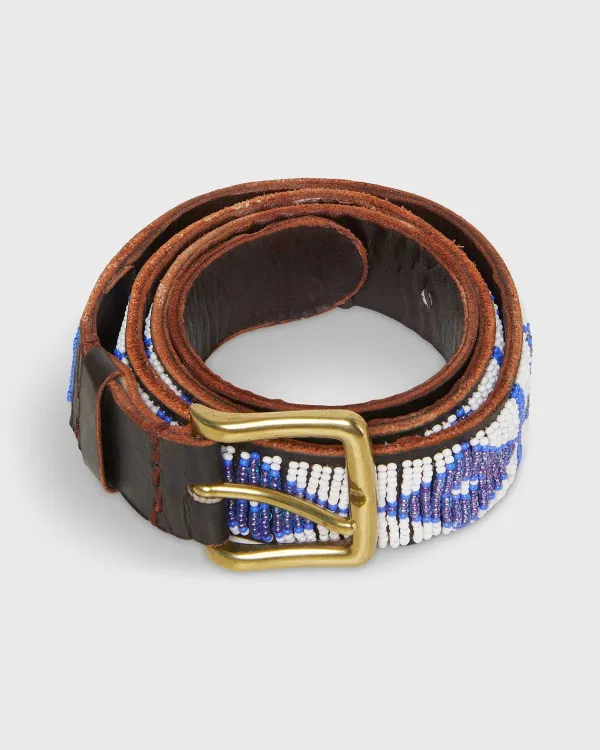 Clearance Sid Mashburn 1.25" African Beaded Belt White/Masai Blue Triangle