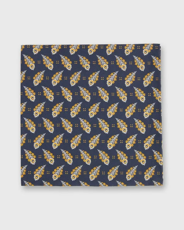 Hot Sid Mashburn Cotton Print Pocket Square Navy/Gold Paisley Feather Liberty Fabric