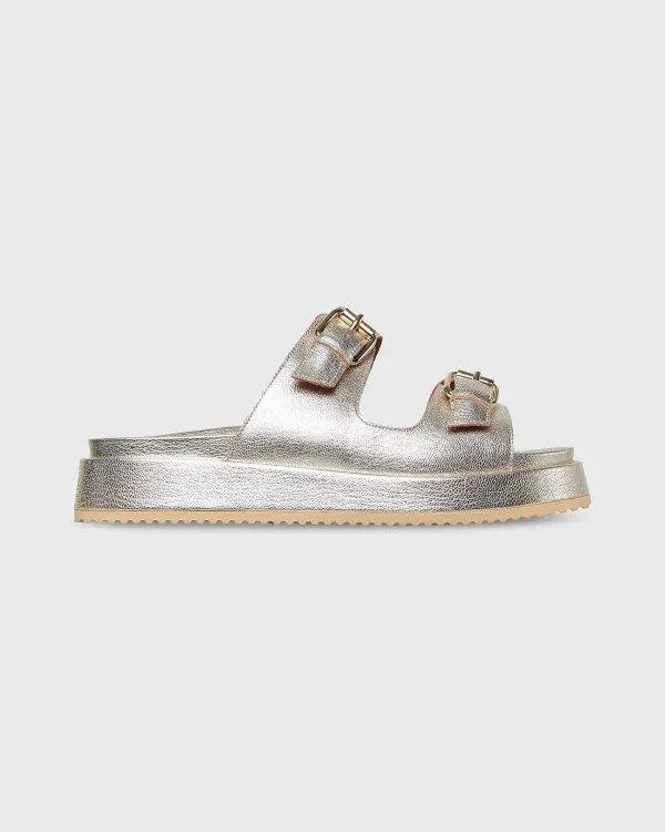 Store Ann Mashburn Double-Buckle Platform Slide Light Platino Leather