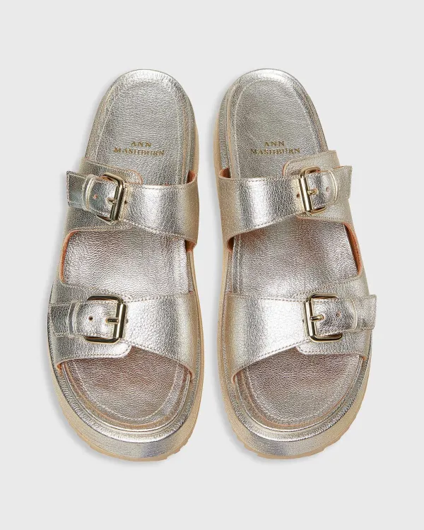 Store Ann Mashburn Double-Buckle Platform Slide Light Platino Leather