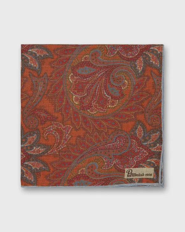 New Petronius Linen Print Pocket Square Brick/Sienna Paisley