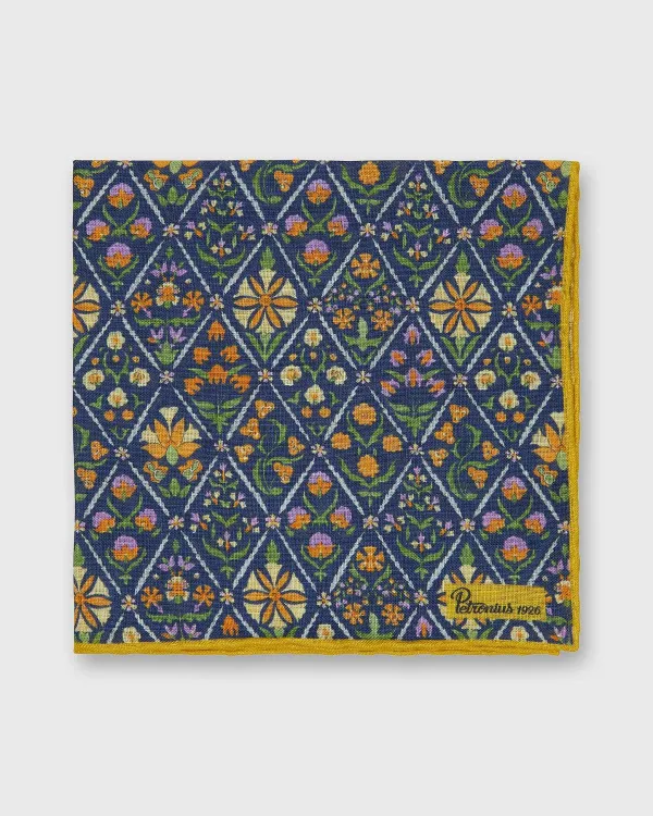 Store Petronius Linen Print Pocket Square Navy Multi Mosaic