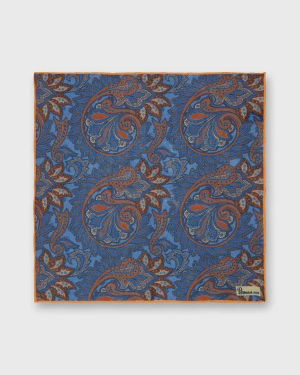 Sale Petronius Linen Print Pocket Square Blue/Brick Paisley