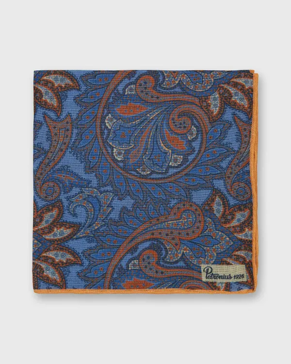 Sale Petronius Linen Print Pocket Square Blue/Brick Paisley