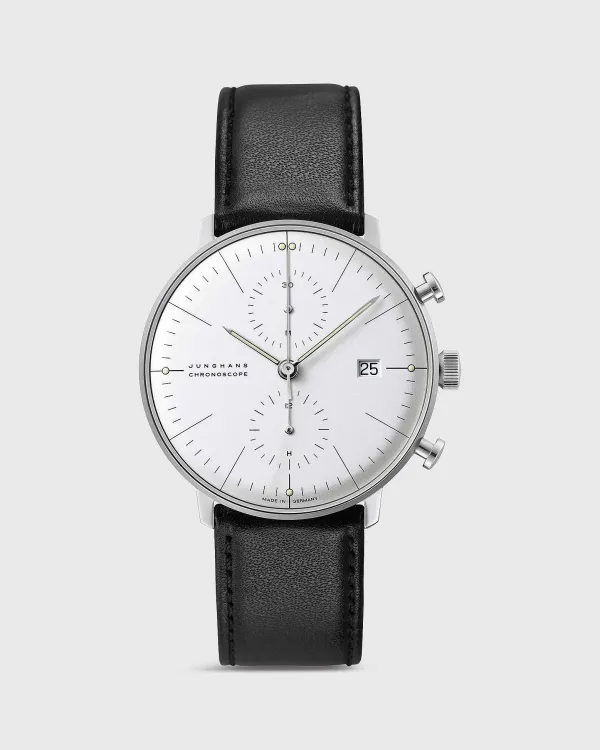 New Junghans Max Bill Chronoscope Watch Silver Dial/Black Strap