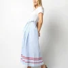 Fashion Ann Mashburn Pleated Wrap Midi Skirt Sky Awning Stripe Poplin With Red Ric Rac