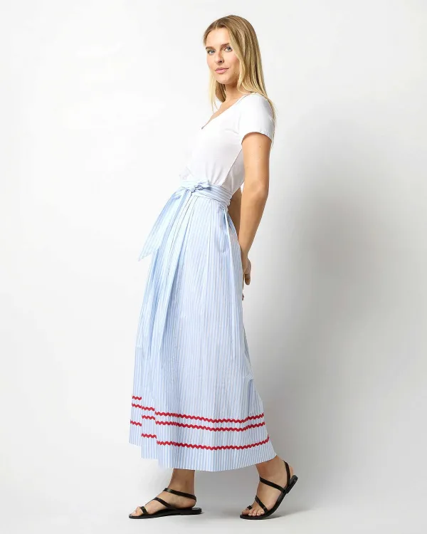 Fashion Ann Mashburn Pleated Wrap Midi Skirt Sky Awning Stripe Poplin With Red Ric Rac