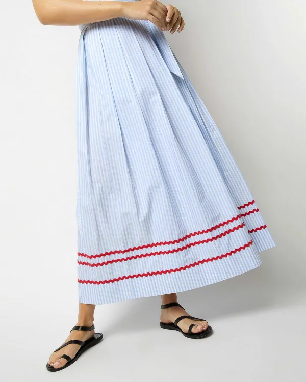 Fashion Ann Mashburn Pleated Wrap Midi Skirt Sky Awning Stripe Poplin With Red Ric Rac