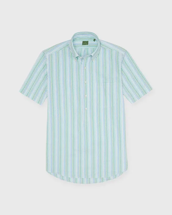 Fashion Sid Mashburn Short-Sleeved Button-Down Popover Sport Shirt Green/Blue/Peri Multi Stripe Seersucker