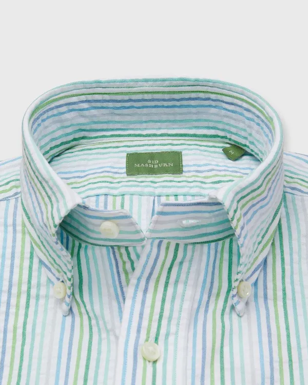 Fashion Sid Mashburn Short-Sleeved Button-Down Popover Sport Shirt Green/Blue/Peri Multi Stripe Seersucker