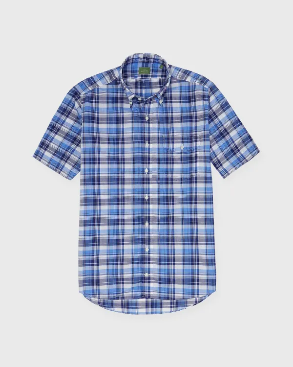 Outlet Sid Mashburn Short-Sleeved Button-Down Sport Shirt Blue/White Multi Plaid Poplin