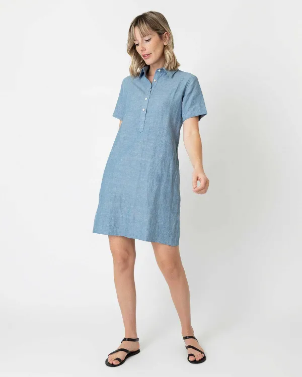 Sale Ann Mashburn Short-Sleeved Popover Dress Extra Light Washed Cotolino Chambray