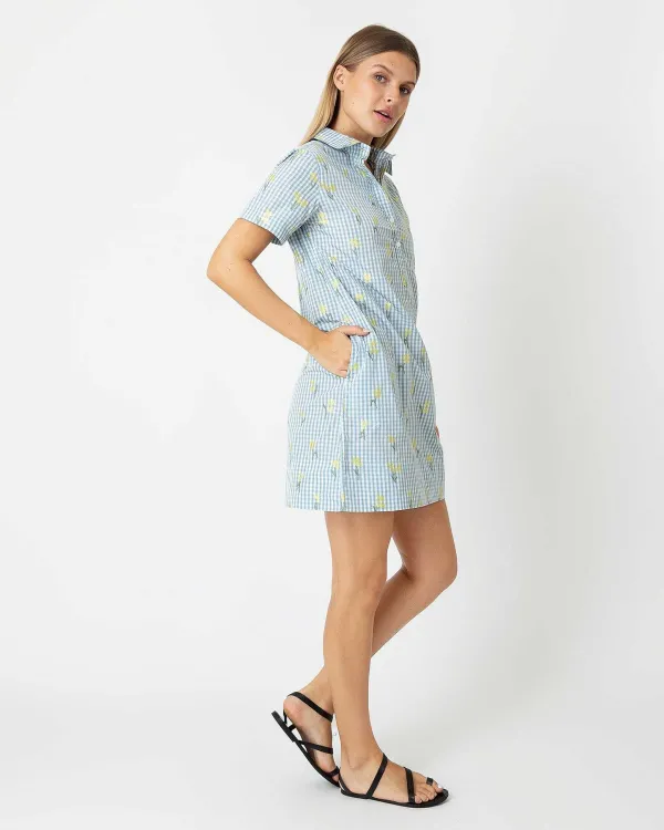 Store Ann Mashburn Short-Sleeved Popover Dress Blue/Yellow Fil Coup Floral Gingham Taffeta