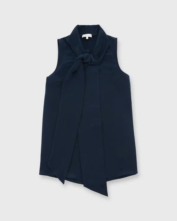 Best Ann Mashburn Sleeveless Tie-Neck Blouse Navy Silk Crepe De Chine