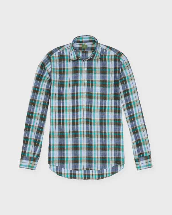 New Sid Mashburn Spread Collar Popover Sport Shirt Peri/Brolive/Surf Plaid Linen