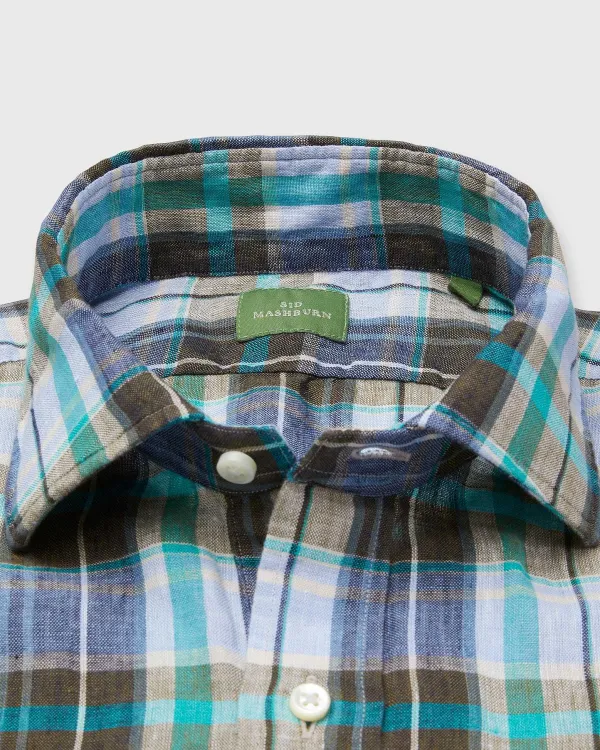 New Sid Mashburn Spread Collar Popover Sport Shirt Peri/Brolive/Surf Plaid Linen