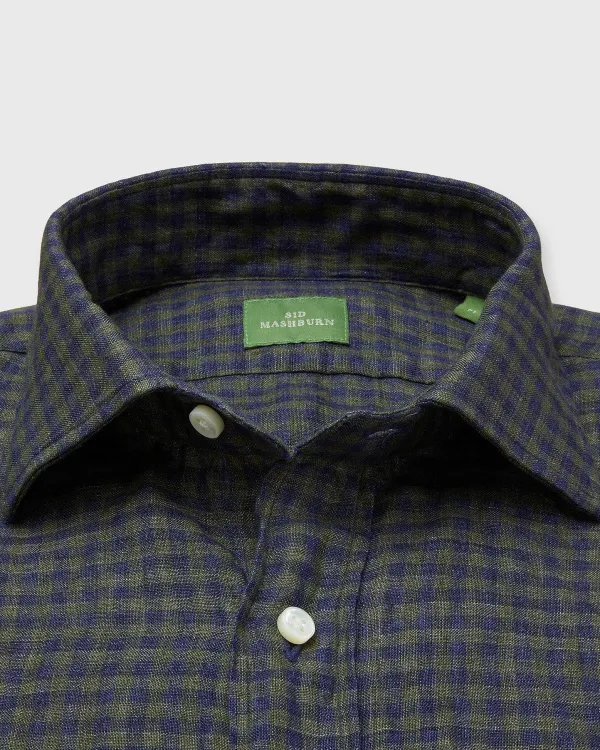 Outlet Sid Mashburn Spread Collar Sport Shirt Olive/Navy Gingham Linen