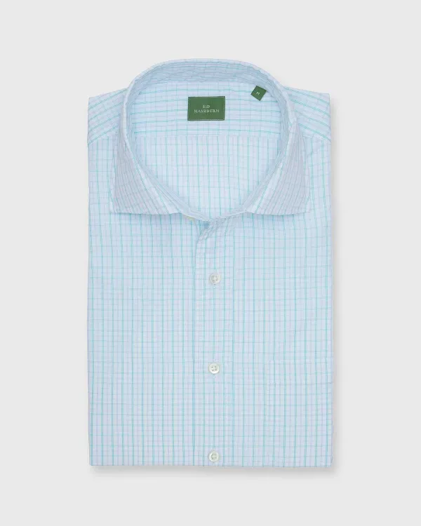 Fashion Sid Mashburn Spread Collar Sport Shirt Seafoam/Sky Plaid Poplin