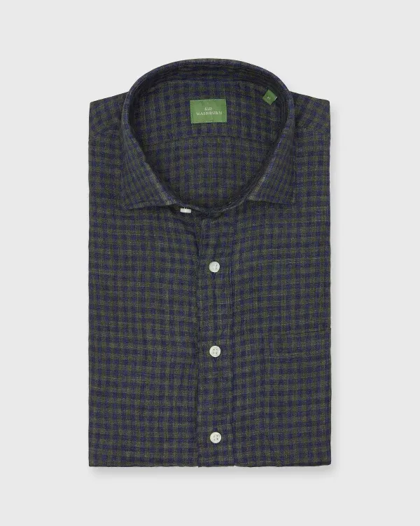 Outlet Sid Mashburn Spread Collar Sport Shirt Olive/Navy Gingham Linen