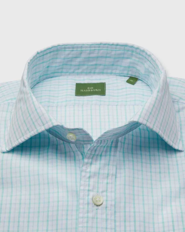 Fashion Sid Mashburn Spread Collar Sport Shirt Seafoam/Sky Plaid Poplin