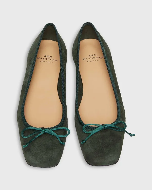 New Ann Mashburn Square-Toe Ballet Flat Forest Suede