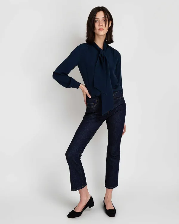 Fashion Ann Mashburn Tie-Neck Blouse Navy Silk Crepe De Chine