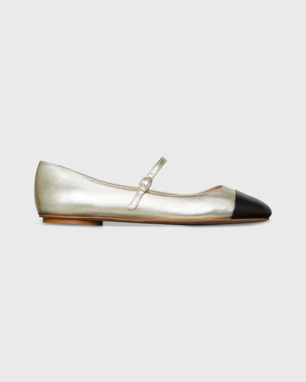 New Ann Mashburn Two-Tone Mary Jane Ballet Flat Platino/Black Leather