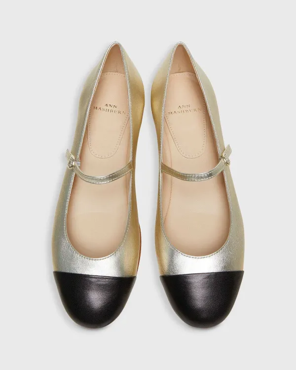 New Ann Mashburn Two-Tone Mary Jane Ballet Flat Platino/Black Leather