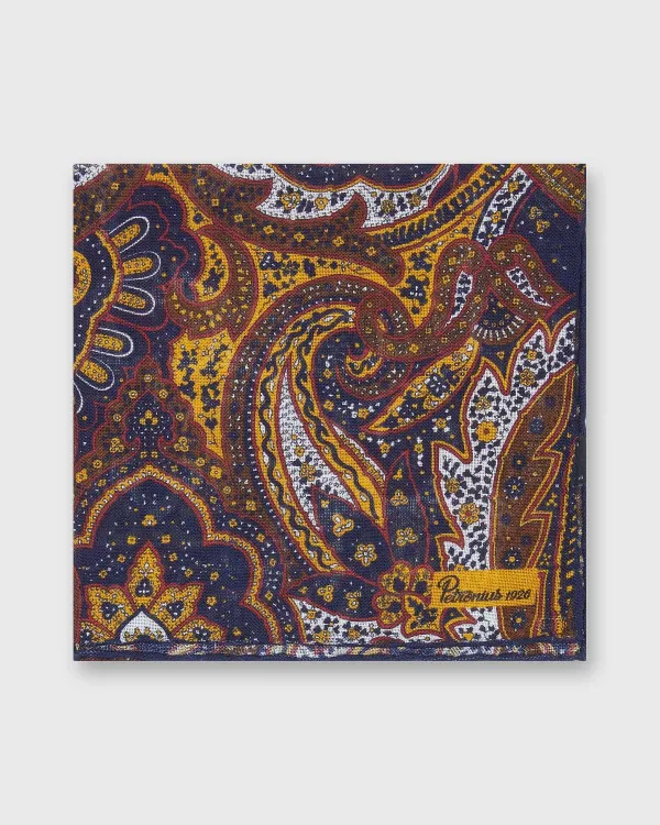 Discount Petronius Wool/Silk Pocket Square Navy/Brown Paisley